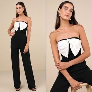 NWOT | Lulus | Sincerely Marvelous Black and White Strapless Bow Jumpsuit | Sz S
